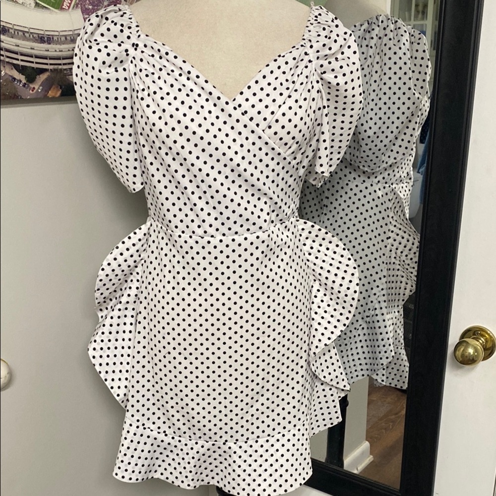 Vintage Inspired dress black polka dots on white Cotton fabric ruffled detailing